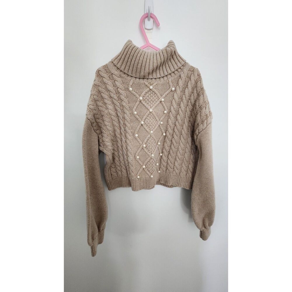Max Studio Girls Pearl Embellished Cable Knit Turtleneck Cropped Sweater - Beige